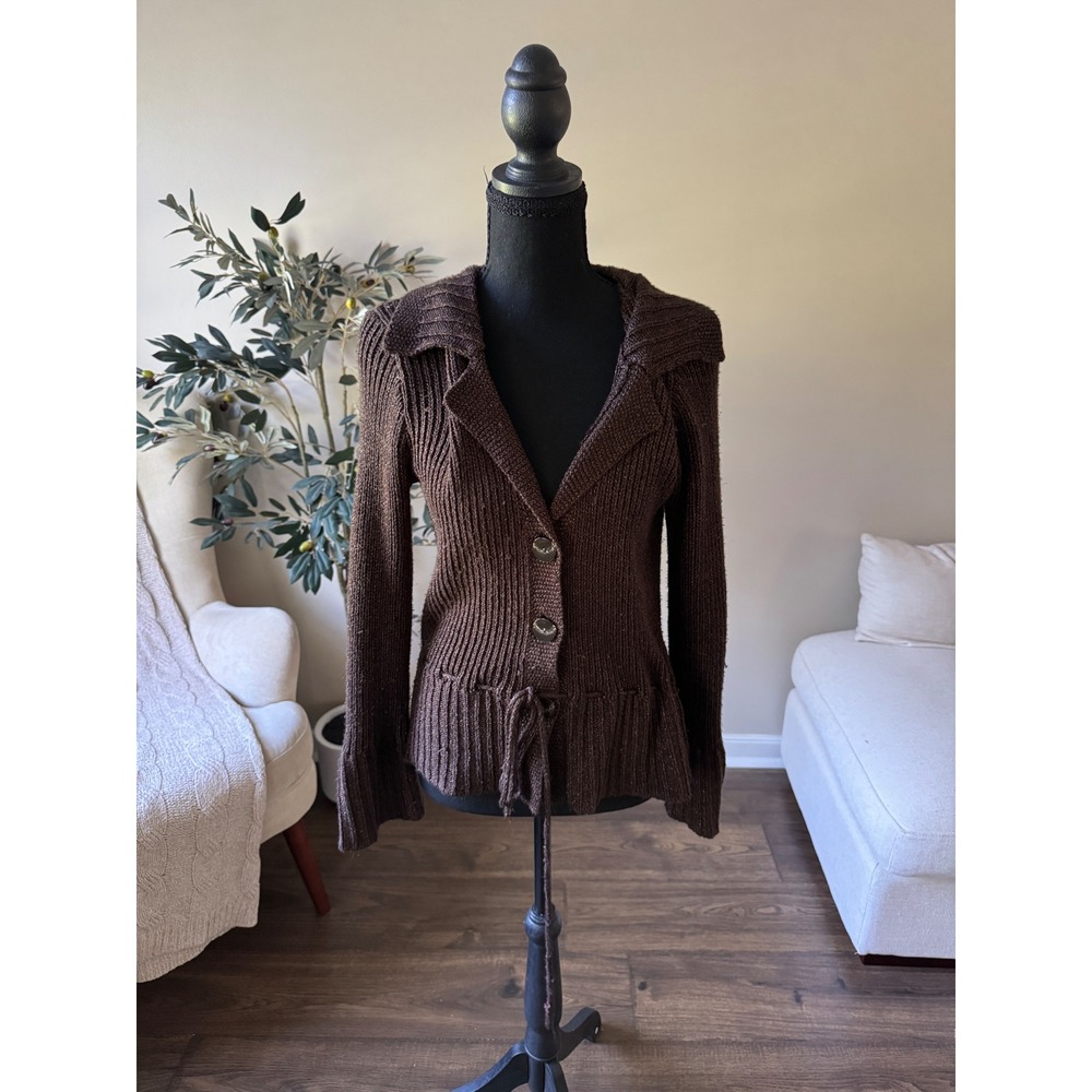 J. Jill Brown Ribbed Knit Cardigan Notched Collar Drawstring Waist Sweater Small